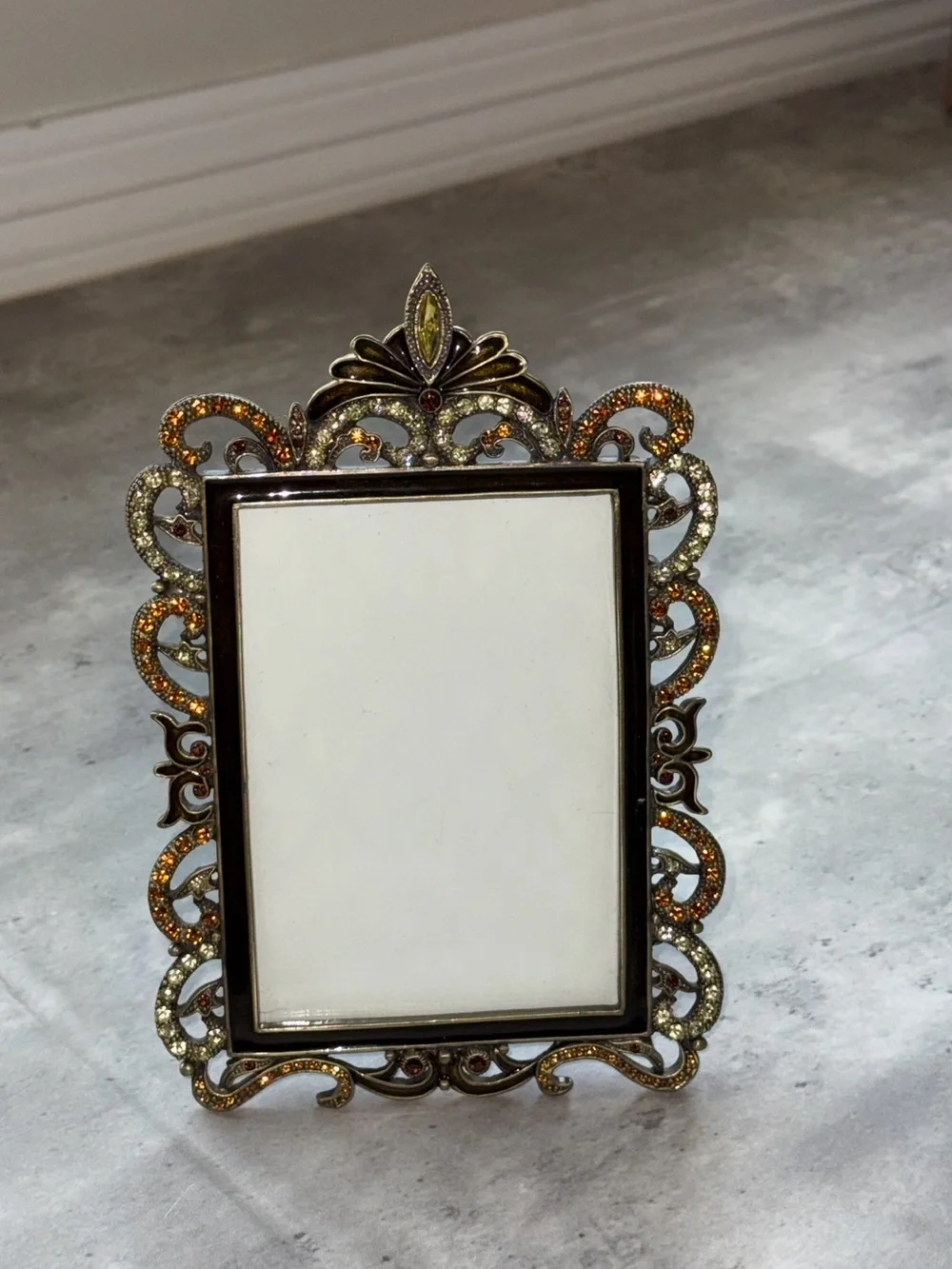 Tizo Jeweled Metal Picture Frame Amber & Champagne Crystal Ornate Baroque 5x7.5